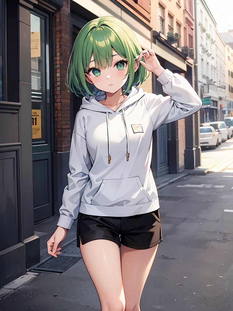 Masterpiece,High Quality,(Full Length 1.2),Animated Standing, Black Shorts,(Black and White Open Hoodie),Black Open Hoodie,(Green Hair 1.4),Animated Girl with short green hair and green eyes,(Detailed Eyes 1.6),(Clear Eyes 1.4),(Beautiful Eyes 1.4),(Shining Eyes 1 .4), White cyan, Green hair, Detailed key animated art, Animated portrait, Shining eyes, Green haired girl, Green light hair, Black shorts, Gray shoes, White socks, Thighs, 4K