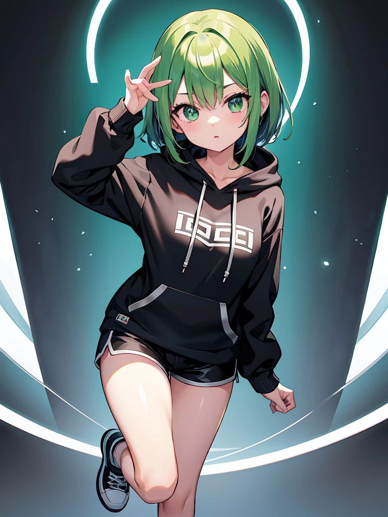 Masterpiece,High Quality,(Full Length 1.2),Animated Standing, Black Shorts,(Black and White Open Hoodie),Black Open Hoodie,(Green Hair 1.4),Animated Girl with short green hair and green eyes,(Detailed Eyes 1.6),(Clear Eyes 1.4),(Beautiful Eyes 1.4),(Shining Eyes 1 .4), White cyan, Green hair, Detailed key animated art, Animated portrait, Shining eyes, Green haired girl, Green light hair, Black shorts, Gray shoes, White socks, Thighs, 4K