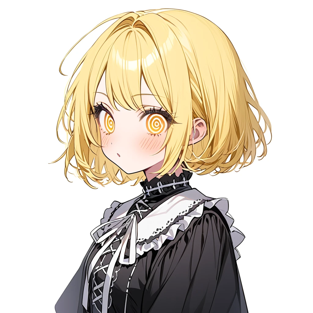 soft line,Kagamine Rin（short hair, yellow hair,girl, white ribbon, yellow eyes,@_@ eyes）,yamikawa,Gothic ****ta,White background,whole body