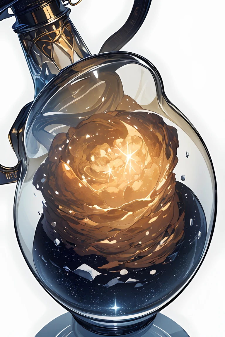 A stunning still life composition featuring a majestic glass jar filled to the brim with vibrant, swirling clouds of gas and dust, suspended amidst a backdrop of deep space, where distant stars and planets twinkle like diamonds against a velvety blackness. The jar's delicate cork lid adds an air of whimsy, as if containing the celestial wonders within. The soft glow of nearby starlight illuminates the glass, casting a warm, ethereal ambiance,(((white background))),