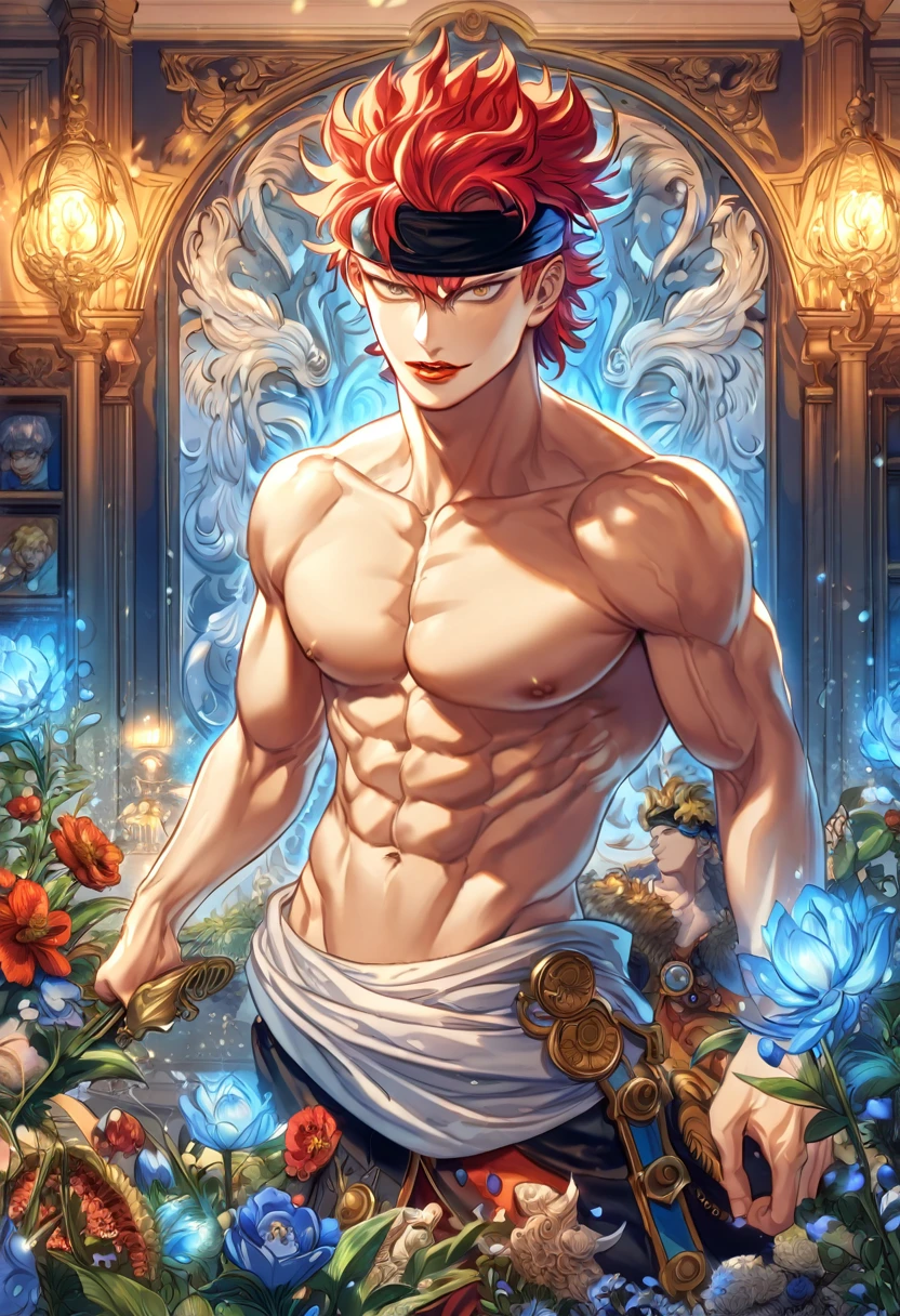 absurdres, highres, ultra detailed, HDR, master piece, Eustass Kid, red hair, expressive brown eyes, red lips, black headband, bare chest, toned chest, One Piece, sexy man, room, handsome, best quality, flowers, fantasy, magical, solo, blue shining fireflies, blue petals, sensual