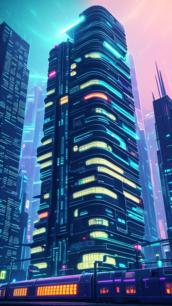Futuristic city (Irregular building architecture) (cyberpunked) Futuristic train Vibrant colors nighttime scene Steam foggy