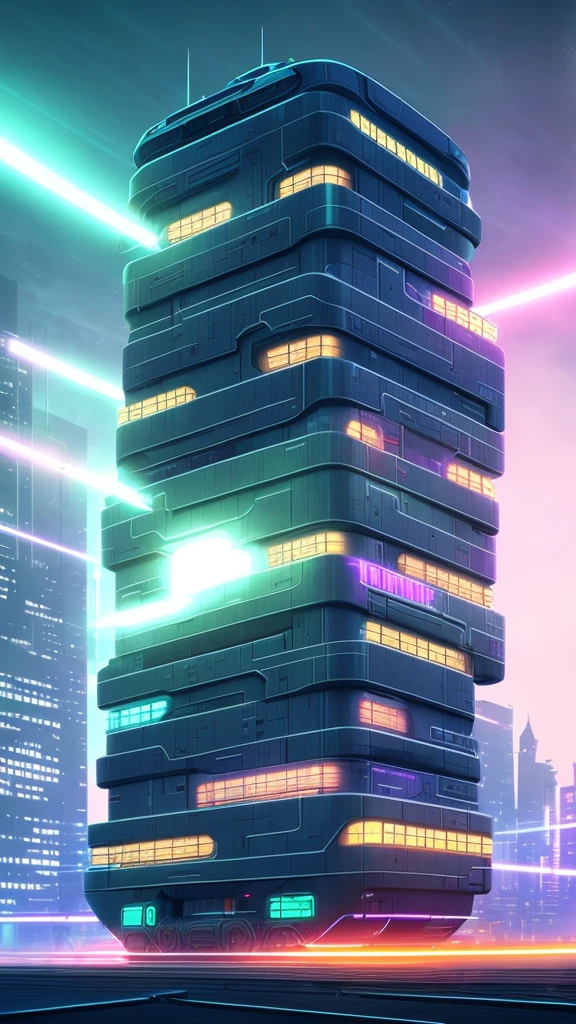 Futuristic city (Irregular building architecture) (cyberpunked) Futuristic train Vibrant colors nighttime scene Steam foggy