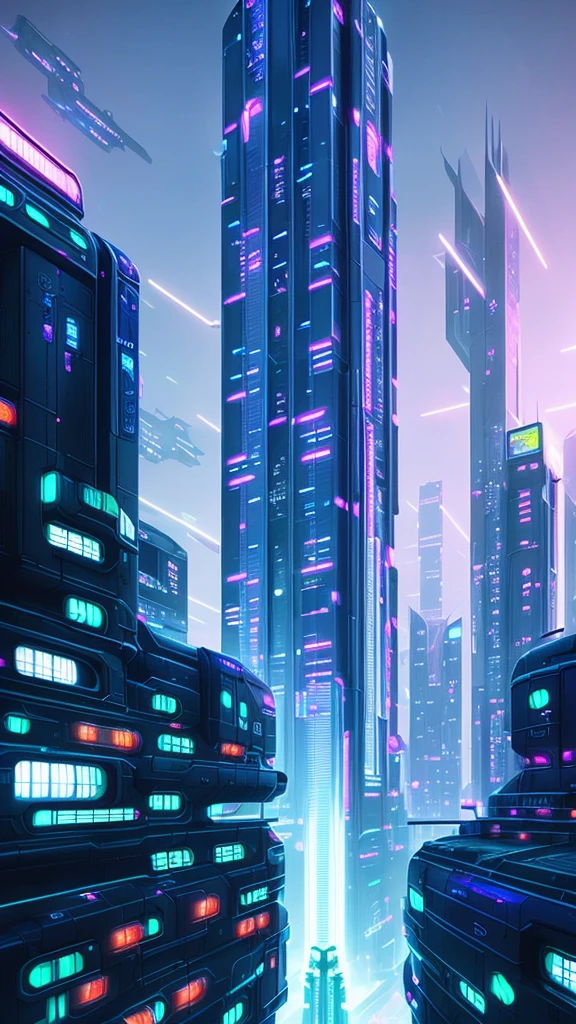 Futuristic city (Irregular building architecture) (cyberpunked) Futuristic train　Vibrant colors　nighttime scene　Steam　foggy