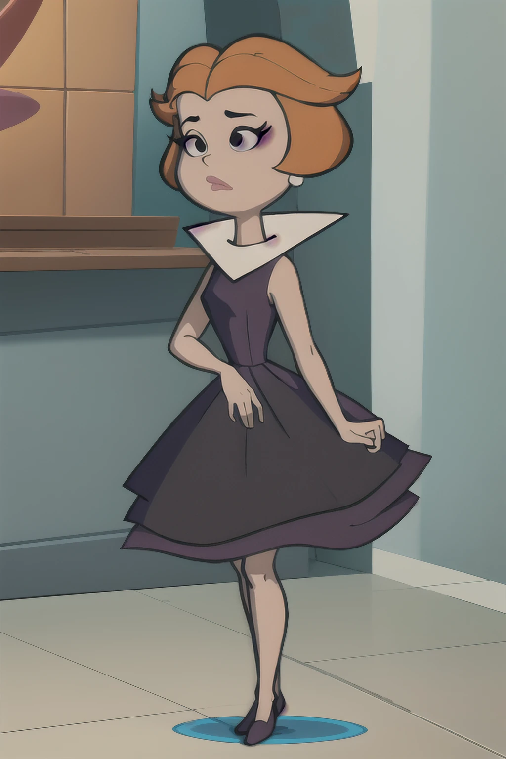((Full body photo, standing, on the floor)) masterpiece, best quality, 1girl, jane, orange hair, short hair, black eyes, makeup, earrings, dress, standing, simple background