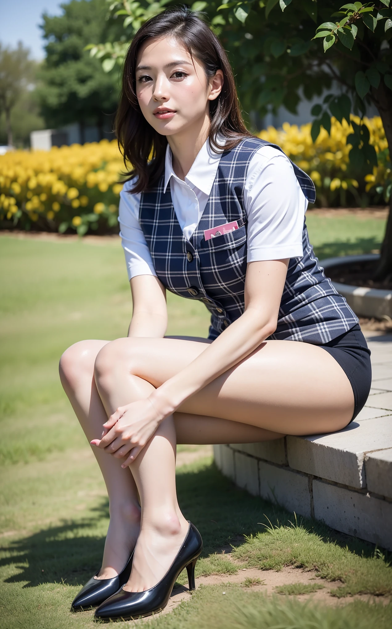 Ulchan-6500-v1.1, (RAW photo:1.2), (Photoreal), (genuine:1.4), 1milf, perfect anatomy, 48 years old, plump body:0.5, look at the viewer, medium long hair, Plaid vest, ((sit on the grass and open legs:1.0))、(super realistic pantyhose:1.2), (high heels), (business services)、under shade of tree