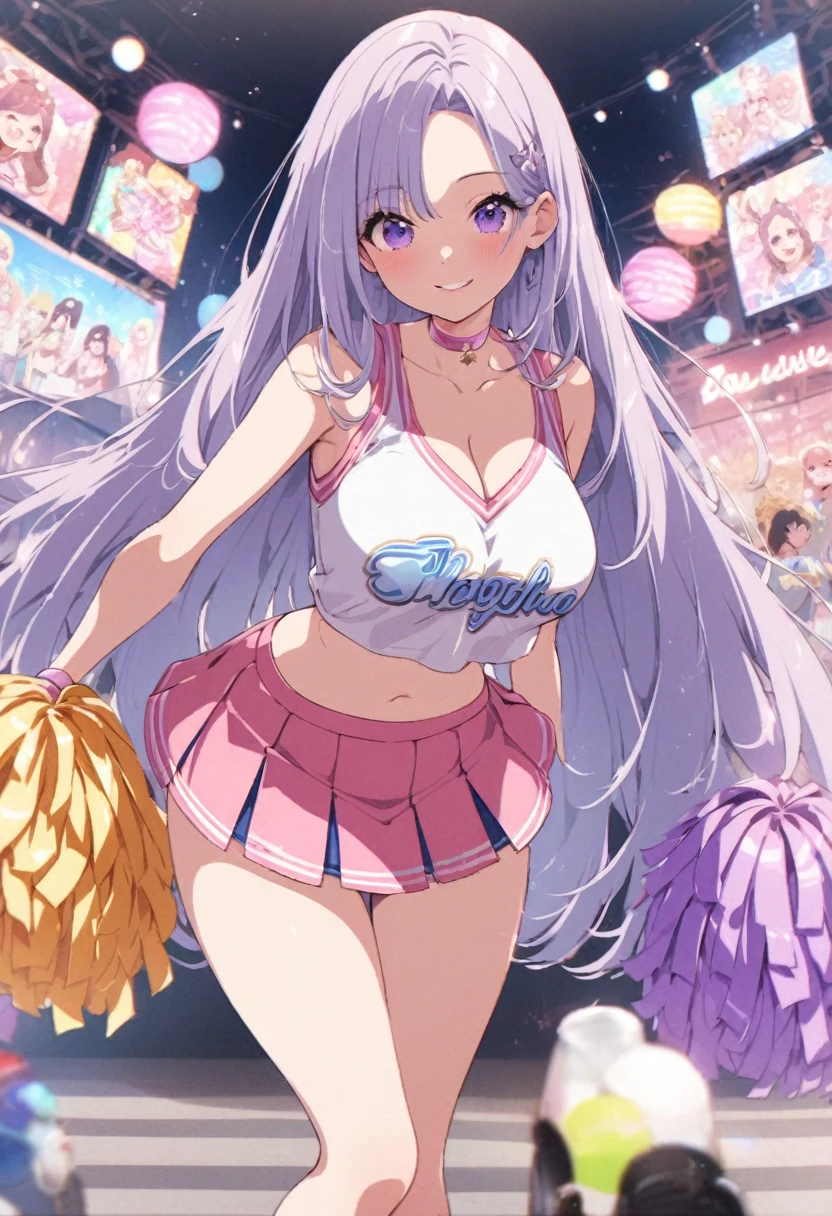 Large breasts、glamorous、sexy、、、Naughty、whole body、Down to the feet、colorful、pastel colour、Big Tits、、Night Ga、ふくらはぎまでのsexyなポーズ、Cute Background、smile、、The buttocks are also big、、Straight Long Hair、Naughtyな誘惑、Naughtyすぎ、Straight hair、Cheerleader、mini skirt
