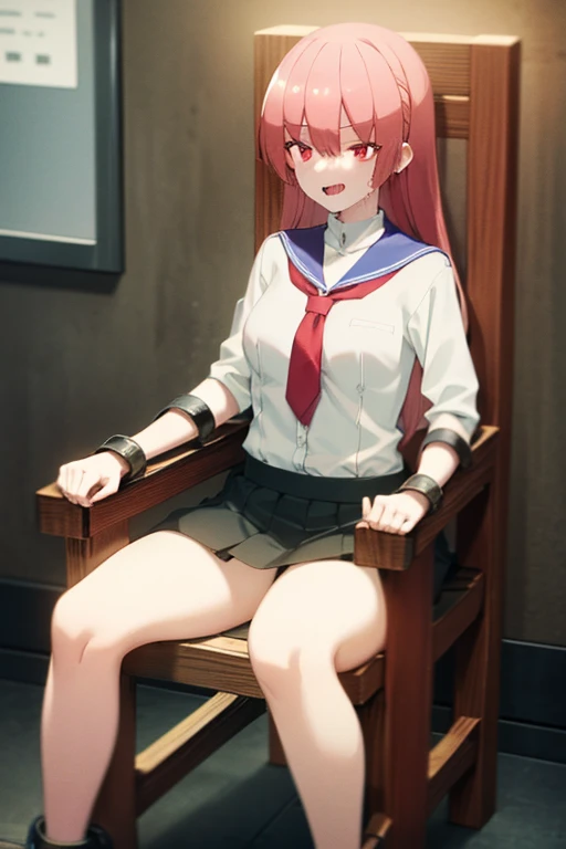 Girl tied to a chair in a basement, pelo rosa sin calzon, restraint, bdsm, restrained legs, restrained arms, bound, bound to chair, rope, tied with ropes, sailor clothes, black skirt, medium breasts, girl, smile, beautiful body, beautiful face, ultra detailed, highest quality, loose clothes, tied to chair with ropes, restrained body, unable to move, bondage ropes, white shirt, sailor clothes, pervert, tied up, bondage, vampire teeth, open mouth, drooling, legs spread, wet, wet clothes, wet body, liquid