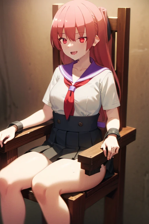 Girl tied to a chair in a basement, pelo rosa sin calzon, restraint, bdsm, restrained legs, restrained arms, bound, bound to chair, rope, tied with ropes, sailor clothes, black skirt, medium breasts, girl, smile, beautiful body, beautiful face, ultra detailed, highest quality, loose clothes, tied to chair with ropes, restrained body, unable to move, bondage ropes, white shirt, sailor clothes, pervert, tied up, bondage, vampire teeth, open mouth, drooling, legs spread, wet, wet clothes, wet body, liquid