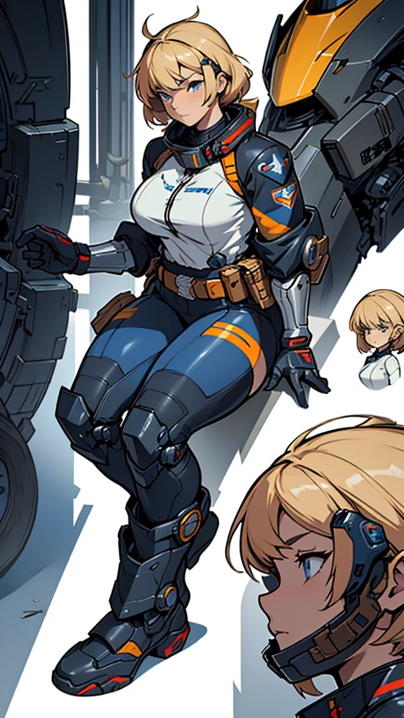 Close-up of a plump girl in a mechanical bodysuit, ((character concept art)), ((Character design sheet, same character, on front, from on the side, At the back)) Character image, mecha game character design, Mecha game character design, hair color: Blondie with blue parting, Age: 17, eyecolor: black, She wears gloves on her hands, Wears mecha boots. During the use of certain abilities, A soft helmet is formed on the head of  nano parts. She has a code name around her neck, expert high detail concept art, Concept art of a mecha armored girl, Fun character design. ConceptArt, belt buckle at the waist,Mecha style weapons,A