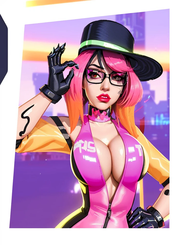 a close up of a person wearing a hat and glasses, fashion gameplay screenshot, glitchpunk girl, stylized digital art, in a cyber - punk ally, stylized digital illustration, neonpunk, pink iconic character, as a retro futuristic heroine, cyber universe style, background artwork, cyber style, hero pose colorful city lighting, in style of digital illustration, (huge breasts:1.3)