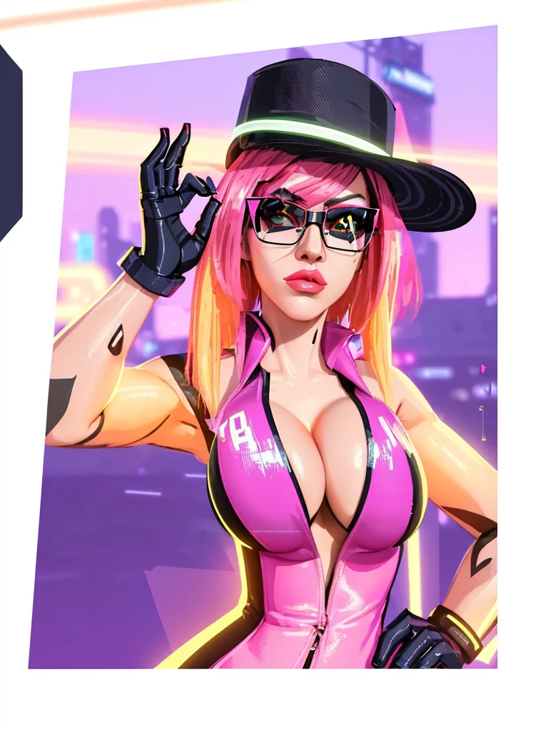 a close up of a person wearing a hat and glasses, fashion gameplay screenshot, glitchpunk girl, stylized digital art, in a cyber - punk ally, stylized digital illustration, neonpunk, pink iconic character, as a retro futuristic heroine, cyber universe style, background artwork, cyber style, hero pose colorful city lighting, in style of digital illustration, (huge breasts:1.3)