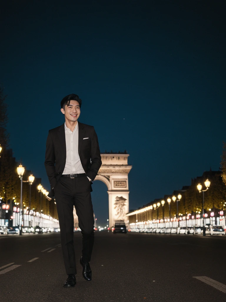 His name is Pat, a model, high quality, 1guy, ((25-year-old fit Asian man, Thai)), ((25 years old)), ((BODY TYPE: MUSCULAR)), ((dark brown COLORED Hair)), smiling, pose: standing, wearing Well-dressed ULTRA MODERN Generation-Z modern wear bright colored, BACKGROUND: "Walking along the illuminated Champs-Élysées with the Arc de Triomphe in the distance and the city lights twinkling."