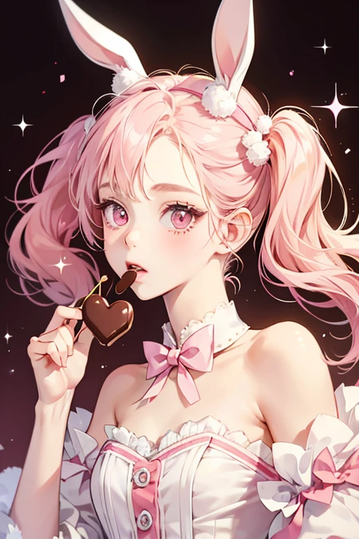 A pale vanilla-colored GIRL ????? with a surprised expression. She has a bite missing out of her left ear as well as a brown nose and eyes. She has pink-cherry icing on her head with chocolate sprinkles and a cherry bow. SPARKLE; GLITTER