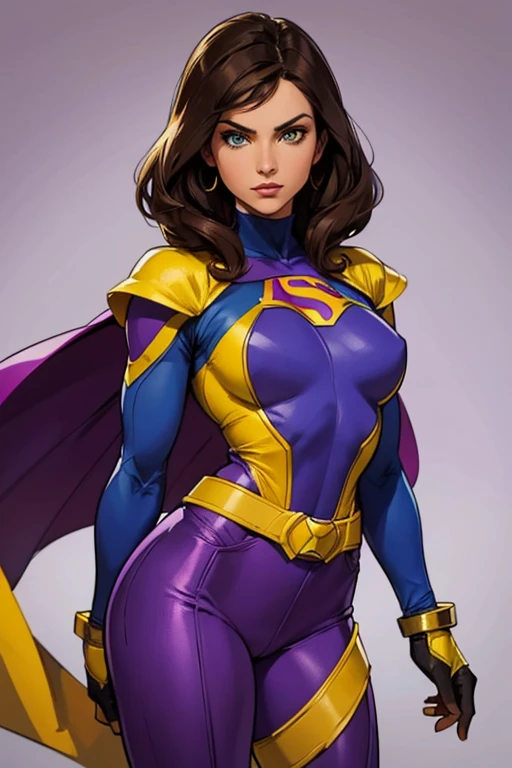 A brunette woman with green eyes and brown dark hair in a tail. She is a superhero and has a blue supersuit with purple gloves and a yellow cape. She also wears purple shorts over her pants.