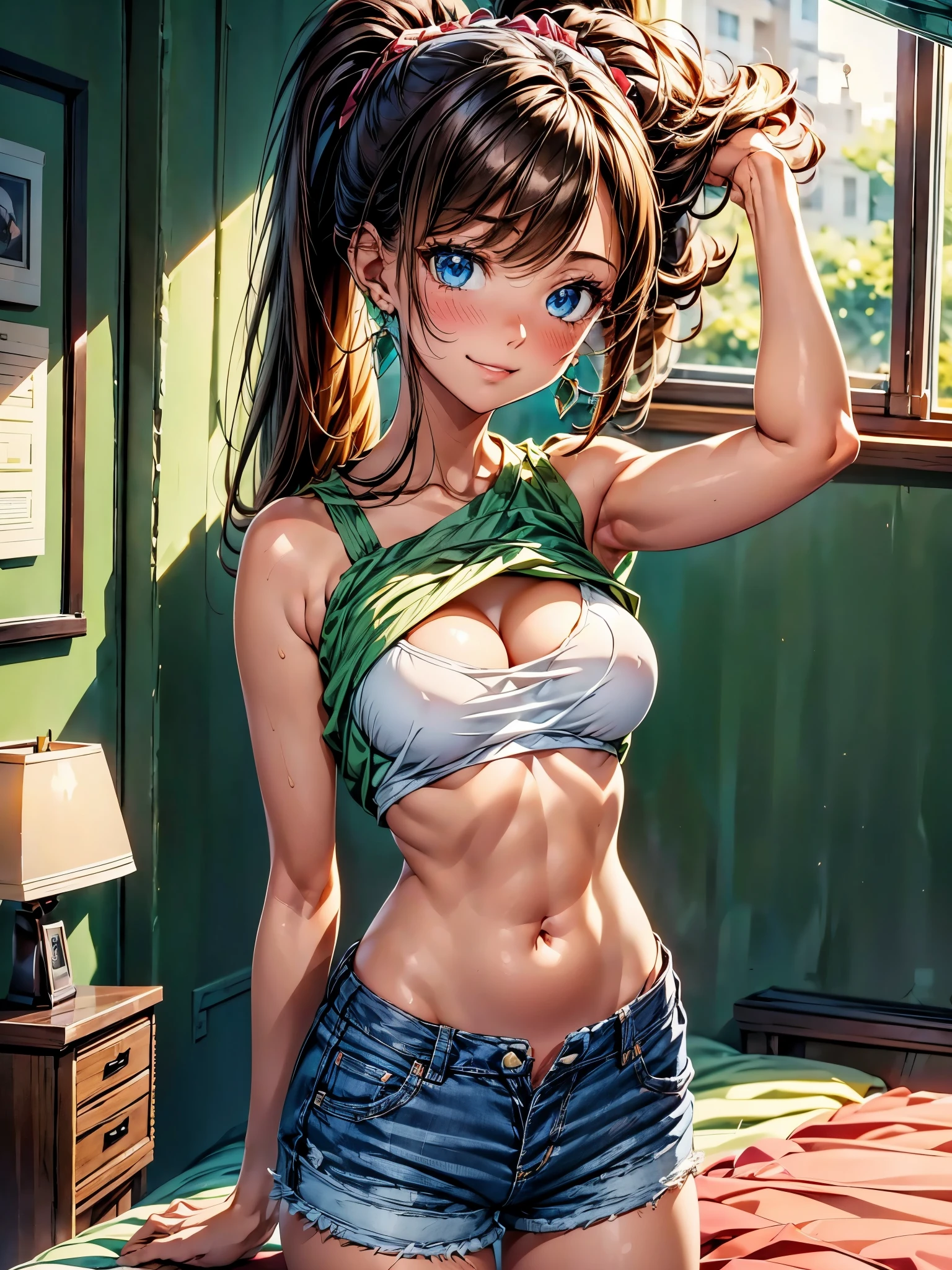 1girl, solo, beautiful girl, brunette skin, blue eyes, detailed anime style, perfect anatomy, perfect hands, narrow waist, medium breasts, long hair, brown hair, high ponytail, asymmetrical bangs, blue eyes, detailed eyes, blush, emerald earrings, orange shirt, shirt lift, denim shorts, cleavage, navel, midriff, bare arms, bare shoulders, smile, standing, perfect hands, arm up, indoors, bed, bedroom, night, dim light, window, stuffed animals, underboobs, high quality, high resolution, from side, dark background,