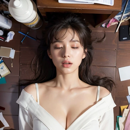 Highest quality、8k、masterpiece、Photorealistic, Sharp focus, high resolution, High resolution, Portraiture, alone, Japanese,  Beautiful woman, from above,((Dynamic pose)),Blouse with cleavage visible, Glamour body,(Cluttered background, Messy room:1.3), Dark Background、((open mouth、closed eyes))
