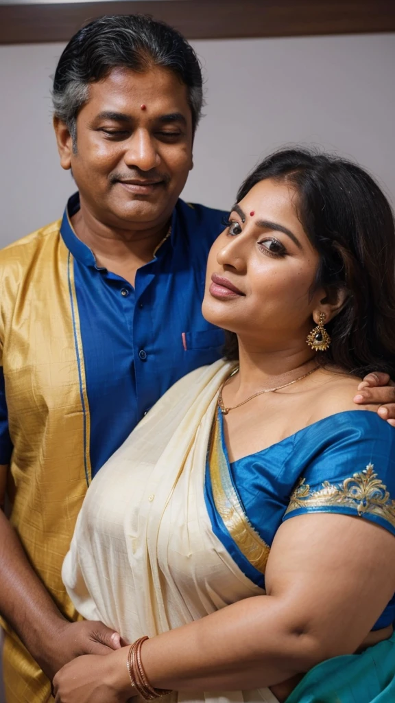 A 50-year-old man  affectionately hugging and kissing on lips of a radiant, full-figured South Indian  45 year old very beautiful bride wearing a cream silky saree and blue blouse in  office, other people cheering next to them, captured in a full-body image with vibrant hues and meticulous details. Full body image