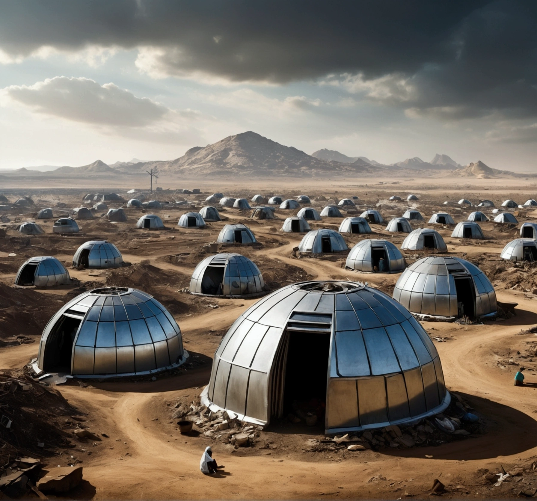 Futuristic and dystopian Type of Image is created with the theme of extreme poverty. The scene showcases individuals residing in makeshift shelters crafted from scrap metal, highlighting their daily struggles to secure basic necessities like food and clean water. The setting features a desolate landscape with dry, cracked terrain and a scarcity of vegetation. In the backdrop, a transparent and shiny dome looms, housing magnificent futuristic structures that sharply contrast with the poverty-stricken foreground. The art style draws inspiration from futuristic sci-fi elements and dystopian narratives, combining the two to create a visually compelling and thought-provoking composition. The shot, using a dramatic panoramic view, captures the juxtaposition between poverty and advanced technology, evoking a sense of despair and hope for the future.