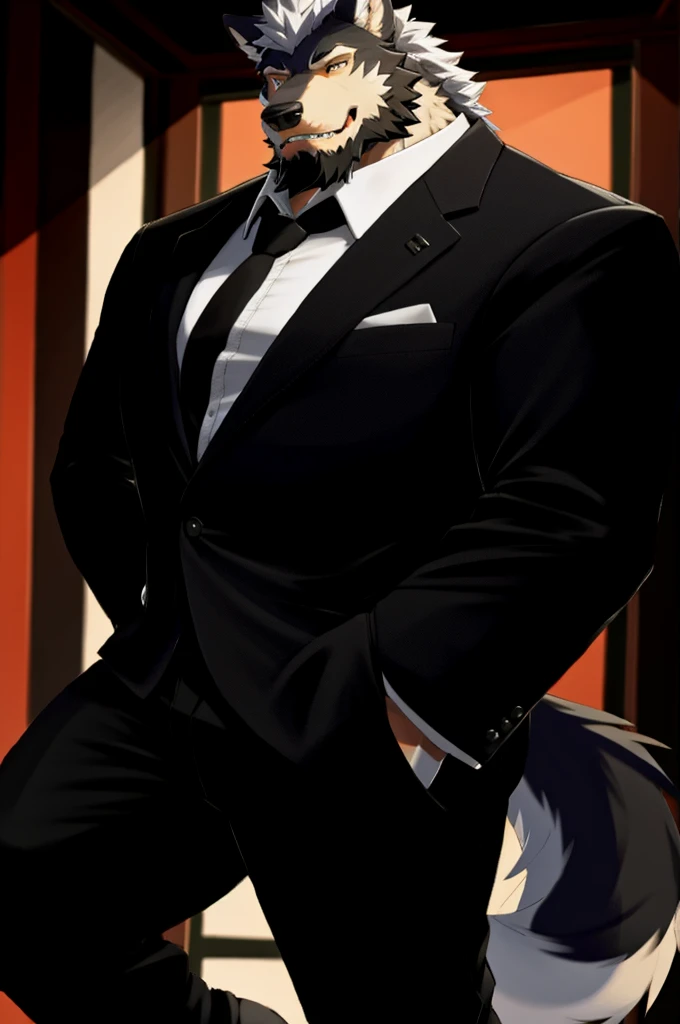 furry,Wolf Beast,big,Bearded,middle aged,suit,quality,Rich colors,Extremely detailed,Full body close-up,Refined style