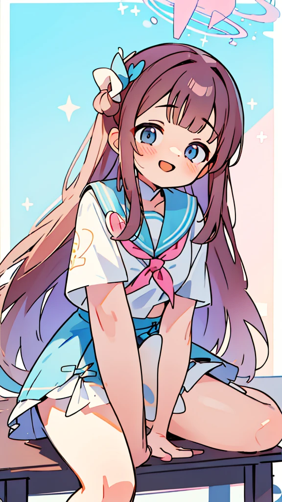 A woman with brown hair, bikini, girl,  labia, table,sitting gentle,panties, sailor uniform , wearing a pink and white sailor suit, blue eyes, racing girl, Du Qiong, smile, gentle, covering one eye, light blue eyes, hairpin, halodon't have excessive composition problems, masterpiece, perfect composition, fine characterization black stockings