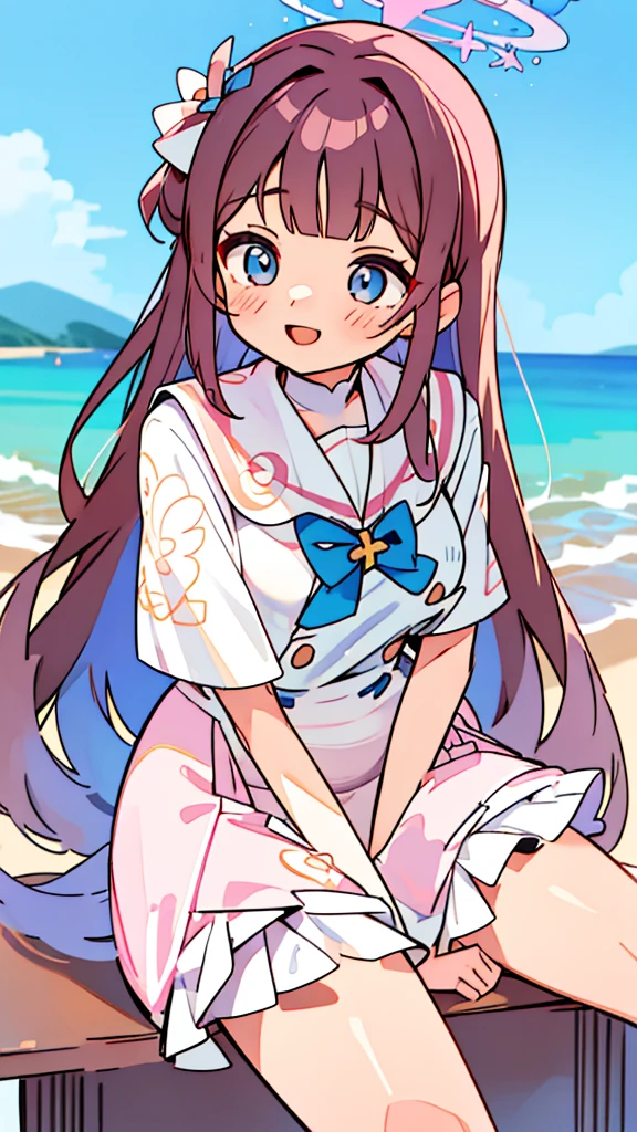 A woman with brown hair, bikini, girl, labia, table,sitting gentle,panties, sailor uniform , wearing a pink and white sailor suit, blue eyes, racing girl, Du Qiong, smile, gentle, covering one eye, light blue eyes, hairpin, halodon't have excessive composition problems, masterpiece, perfect composition, fine characterization black stockings