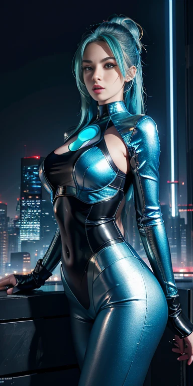 (8K, Best quality, Masterpiece: 1, 2), (Realistic, photograph realistic: 1,37), Top quality, Masterpiece, Skinny 1 girl Negona upper body photo (Photo realistic),A cyberpunk girl with green eyes and shiny blue hair stands against a backdrop of a futuristic cityscape. She wears a sleek, metallic blue bodysuit that shimmers under the neon lights. The city behind her is a blend of towering skyscrapers and neon signs, pulsating with vibrant colors
