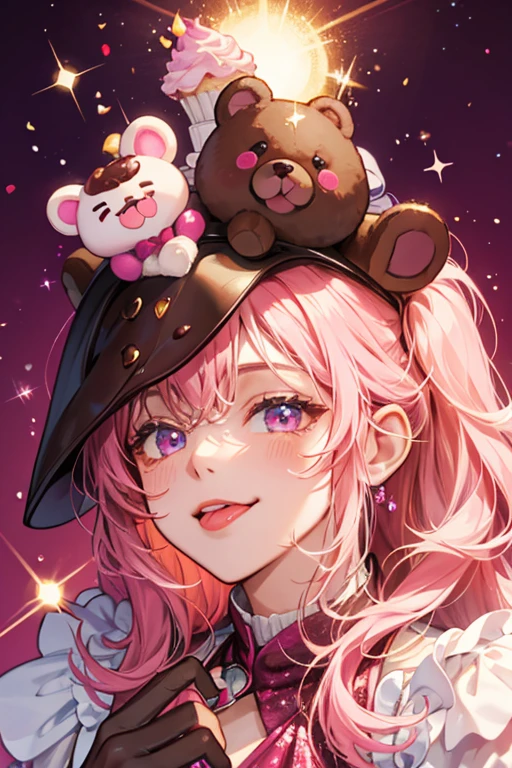 A chocolate bear with making a winking face with its tongue sticking out. The cream on top of his head is fuchsia. SPARKLE; GLITTER