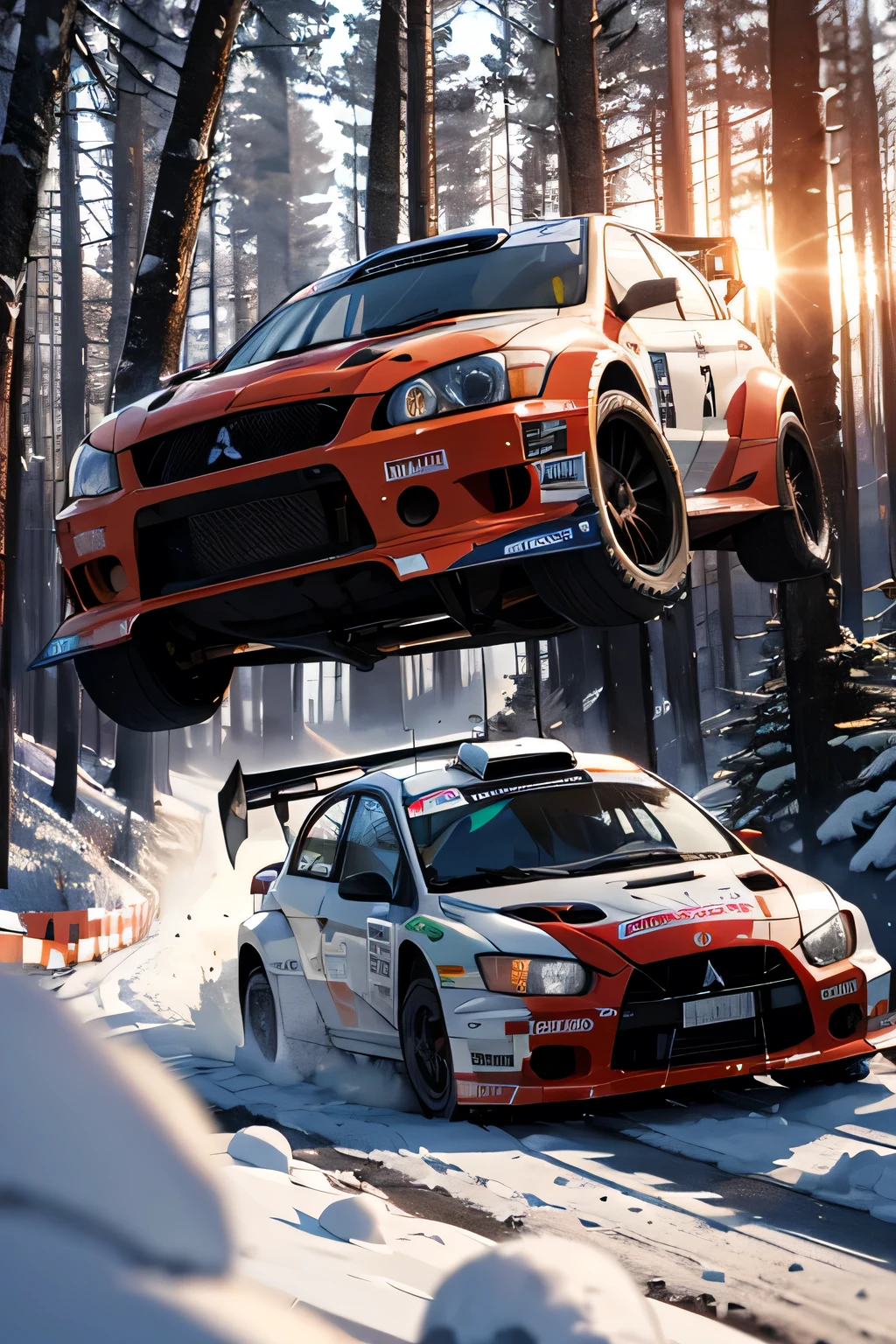 mitsubishi evo 9 in a rally race in a snowy forest at sunset

