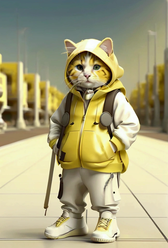 a cute golden retreiver dog, Wearing a casual suit with a yellow hood, White sneakers, Sad expression, Cute digital illustration art, masterpiece, best quality, sad cat, carrying a Palestinian flag, with a microphone beside him, Abstractionism