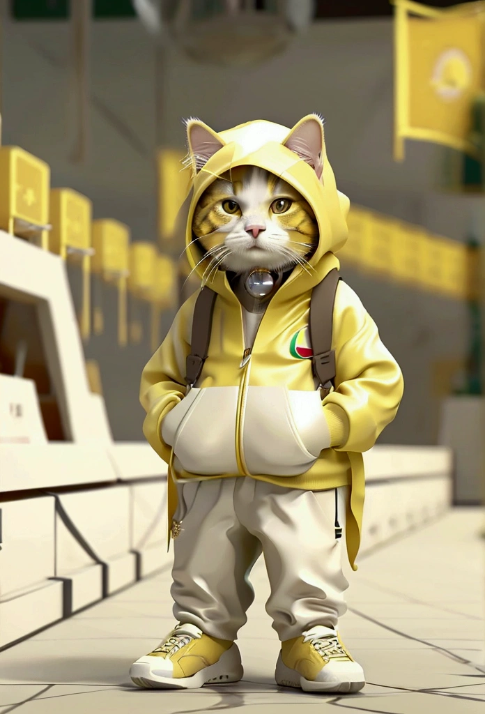 a cute golden retreiver dog, Wearing a casual suit with a yellow hood, White sneakers, Sad expression, Cute digital illustration art, masterpiece, best quality, sad cat, carrying a Palestinian flag, with a microphone beside him, Abstractionism