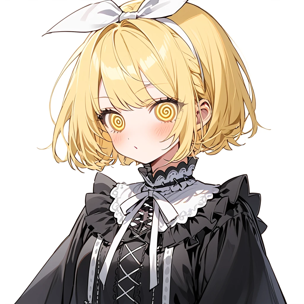 soft line,Kagamine Rin（short hair, yellow hair,girl, white ribbon, yellow eyes,@_@ eyes）,yamikawa,Gothic ****ta,White background,whole body