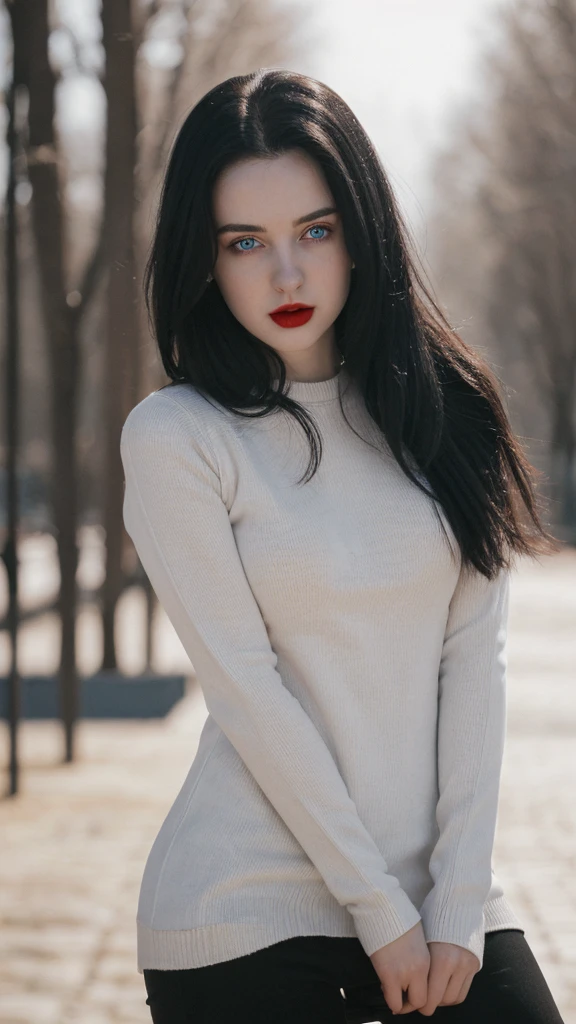 A beautiful 20 year old girl. Pale face with dark circles. blue eyes and red lips. long and straight black hair. Athletic slim body. Wearing black sweater. 8k. uhd. Hyper-realistic.
