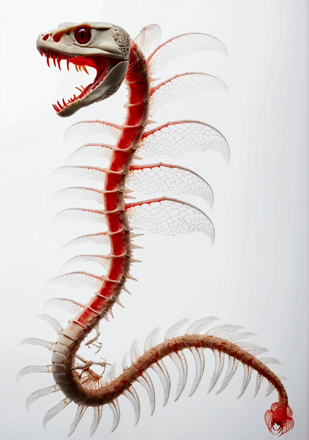 Side profile view: White background, an open-mouthed snake skeleton with gradient red ribs and a head with a soft red light coming from below, mosses on the back and wings of dead red scale