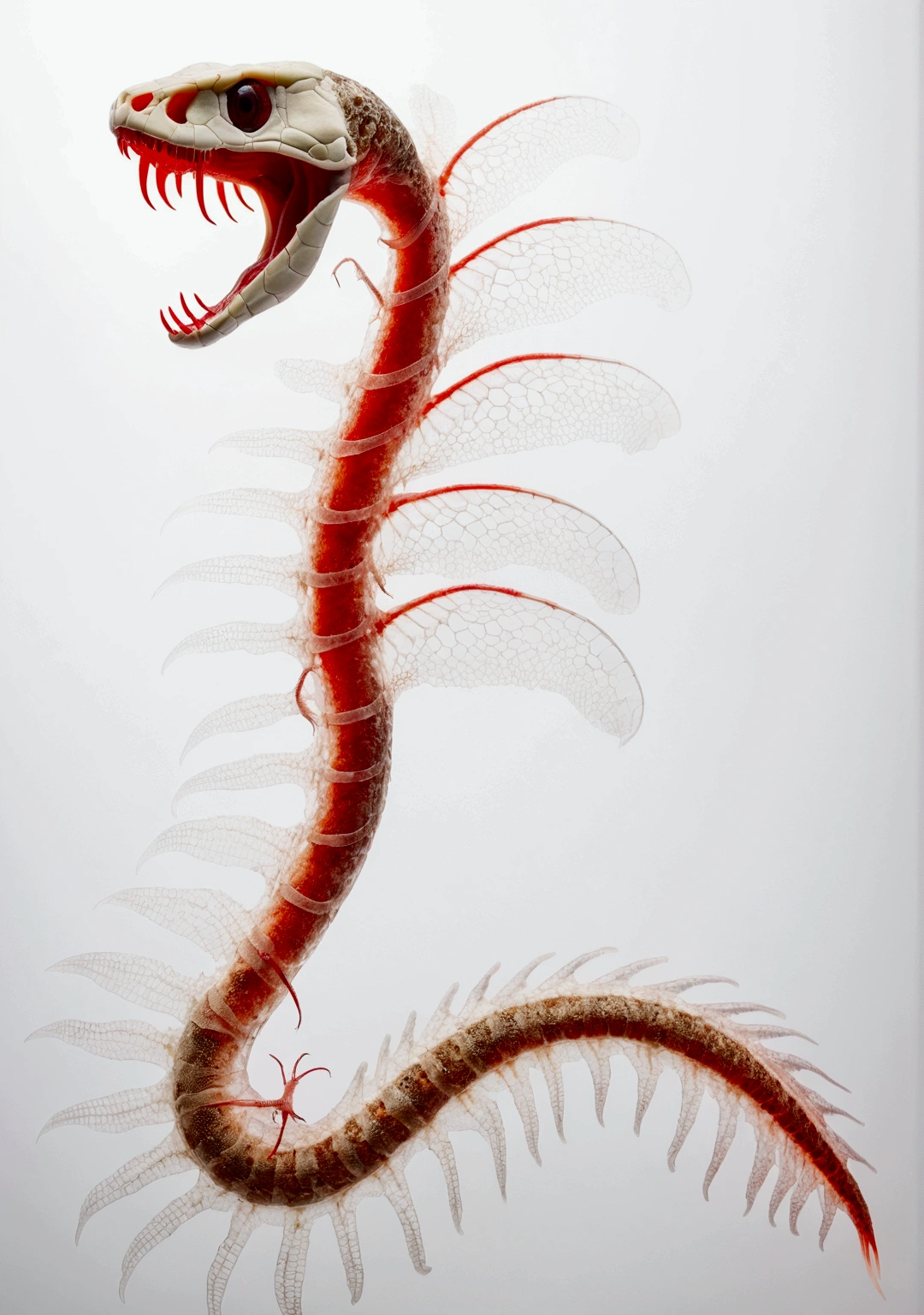 Side profile view: White background, an open-mouthed snake skeleton with gradient red ribs and a head with a soft red light coming from below, mosses on the back and wings of dead red scale