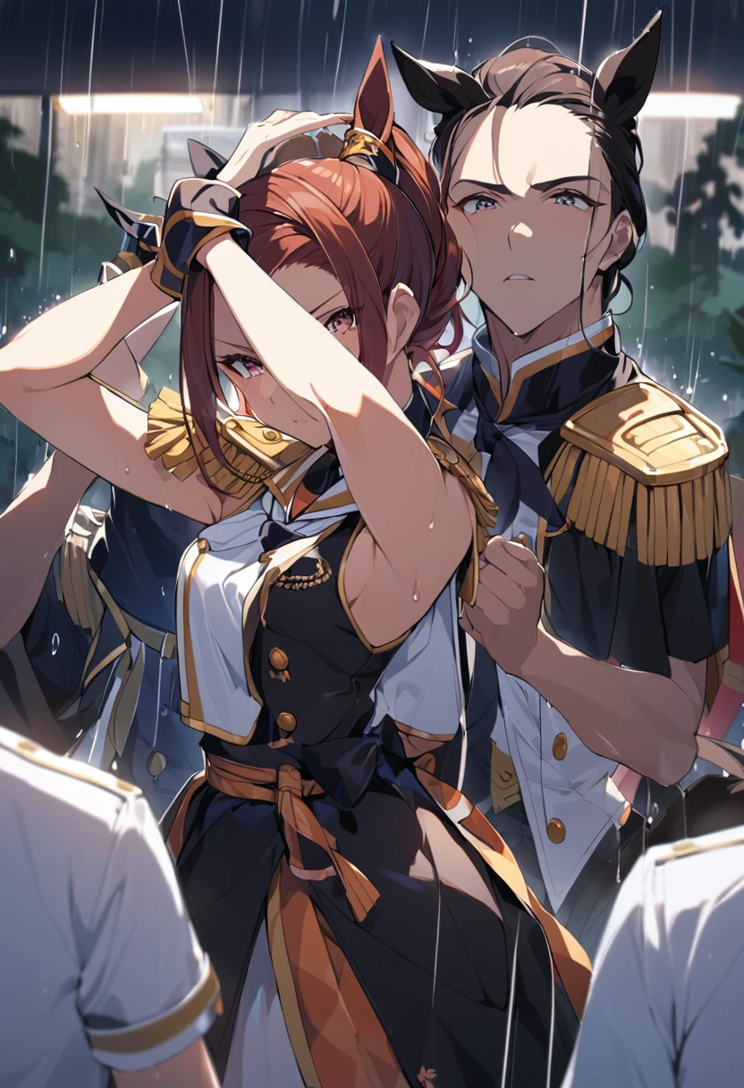 masterpiece, Highest quality,, Sakura Bakushin ○ (umamusume),, (cl○se-up:1.2), rain, cl○ud, cl○udy, shad○w,, seri○us, Raise the hand, Underarm, cl○sed m○uth, m○uth h○ld,, Epaulettes, black gl○ves, No sleeve, yell○w neckerchief, shirt, Tying up hair, 