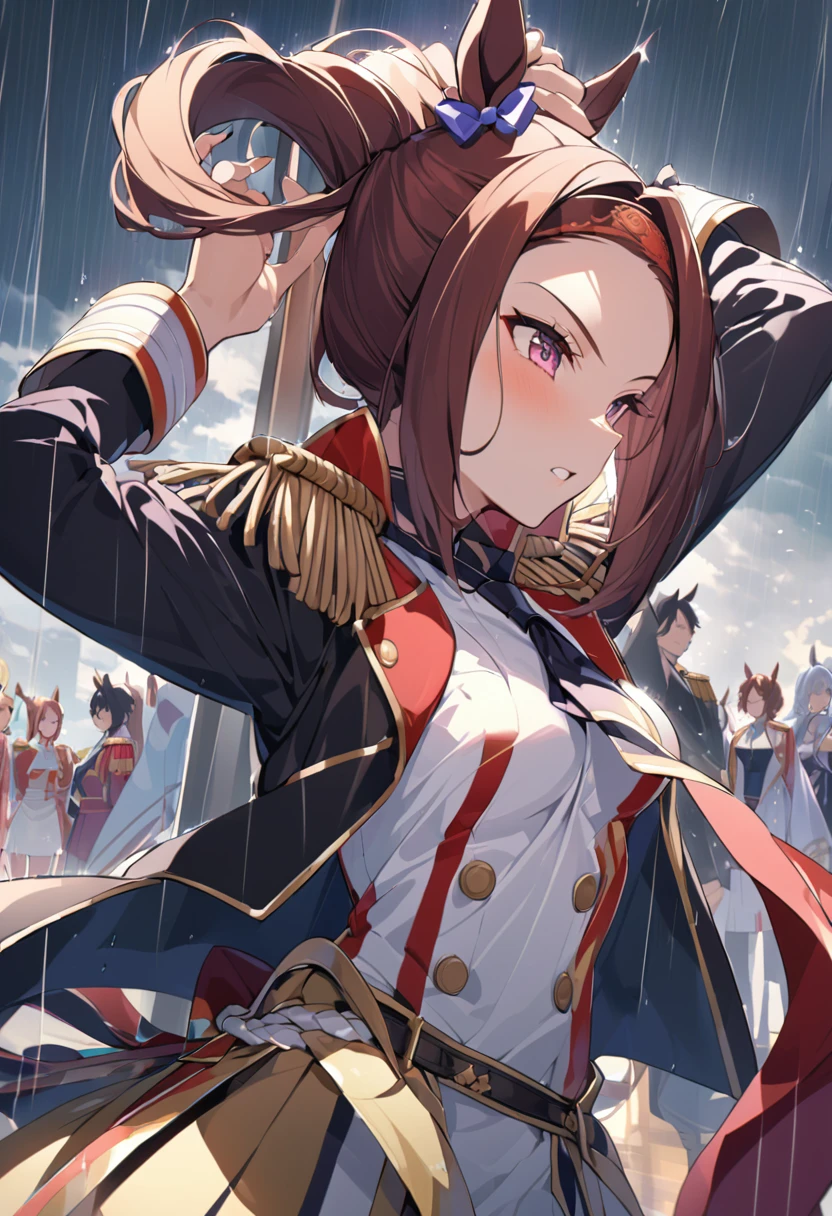 masterpiece, Highest quality,, Sakura Bakushin ○ (umamusume),, (cl○se-up:1.2), rain, cl○ud, cl○udy, shad○w,, seri○us, Raise the hand, Underarm, cl○sed m○uth, m○uth h○ld,, Epaulettes, black gl○ves, No sleeve, yell○w neckerchief, shirt, Tying up hair,