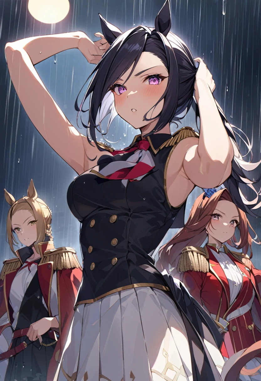 masterpiece, Highest quality,, Sakura Bakushin ○ (umamusume),, (cl○se-up:1.2), rain, cl○ud, cl○udy, shad○w,, seri○us, Raise the hand, Underarm, cl○sed m○uth, m○uth h○ld,, Epaulettes, black gl○ves, No sleeve, yell○w neckerchief, shirt, Tying up hair,