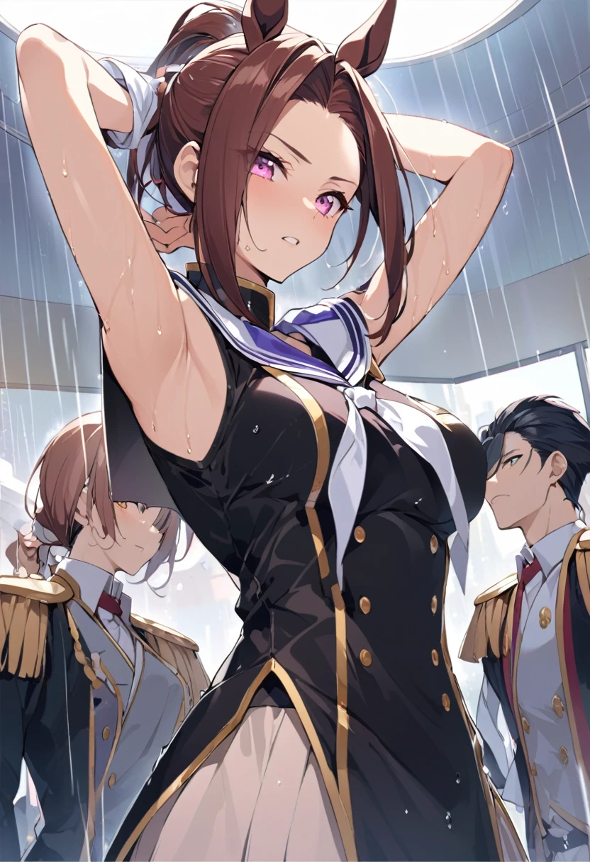 masterpiece, Highest quality,, Sakura Bakushin ○ (umamusume),, (cl○se-up:1.2), rain, cl○ud, cl○udy, shad○w,, seri○us, Raise the hand, Underarm, cl○sed m○uth, m○uth h○ld,, Epaulettes, black gl○ves, No sleeve, yell○w neckerchief, shirt, Tying up hair,