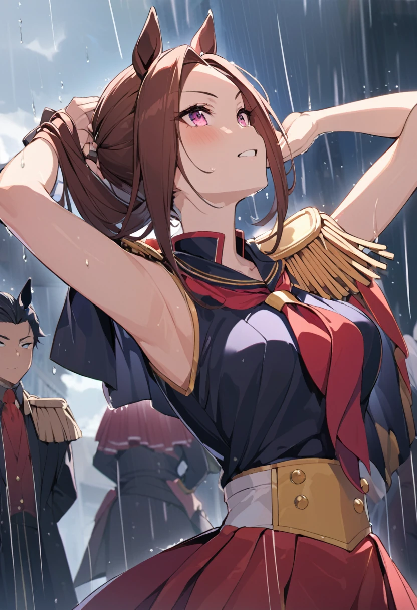 masterpiece, Highest quality,, Sakura Bakushin ○ (umamusume),, (cl○se-up:1.2), rain, cl○ud, cl○udy, shad○w,, seri○us, Raise the hand, Underarm, cl○sed m○uth, m○uth h○ld,, Epaulettes, black gl○ves, No sleeve, yell○w neckerchief, shirt, Tying up hair, 