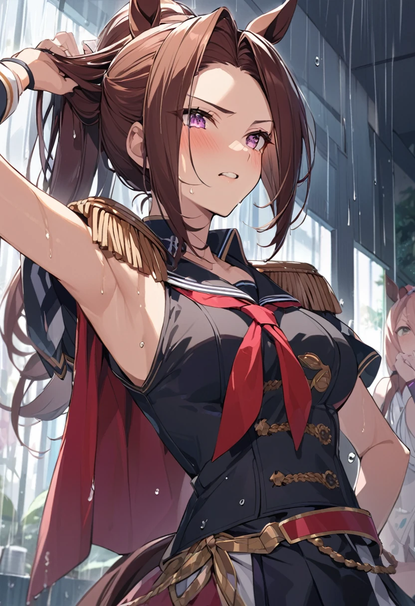 masterpiece, Highest quality,, Sakura Bakushin ○ (umamusume),, (cl○se-up:1.2), rain, cl○ud, cl○udy, shad○w,, seri○us, Raise the hand, Underarm, cl○sed m○uth, m○uth h○ld,, Epaulettes, black gl○ves, No sleeve, yell○w neckerchief, shirt, Tying up hair,