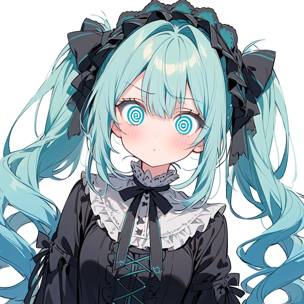 soft line,HatsuneMiku（twin tail,blue green hair,girl,blue green eyes,@_@ eyes）,yamikawa,Gothic Lolita,White background,whole body