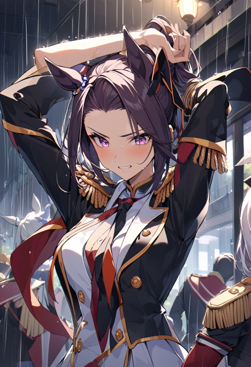 masterpiece, Highest quality,, Sakura Bakushin ○ (umamusume),, (cl○se-up:1.2), rain, cl○ud, cl○udy, shad○w,, seri○us, Raise the hand, Underarm, cl○sed m○uth, m○uth h○ld,, Epaulettes, black gl○ves, No sleeve, yell○w neckerchief, shirt, Tying up hair, 