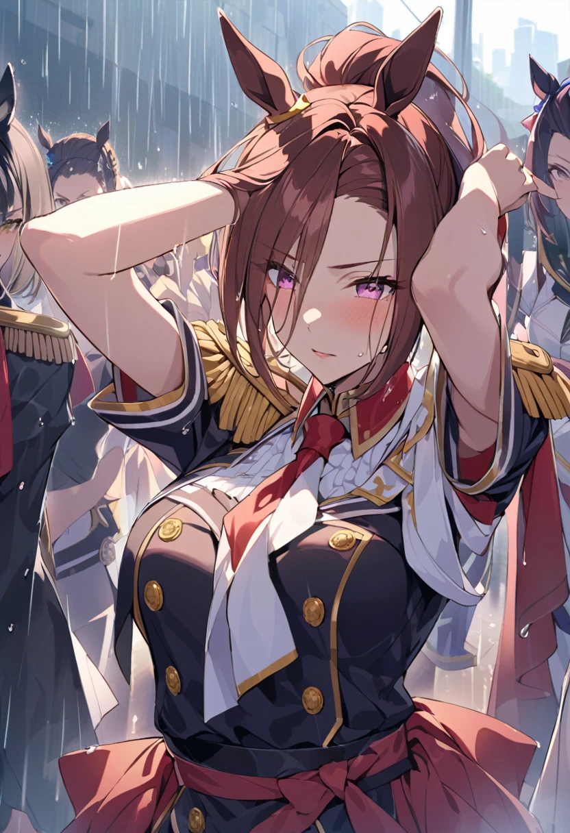 masterpiece, Highest quality,, Sakura Bakushin ○ (umamusume),, (cl○se-up:1.2), rain, cl○ud, cl○udy, shad○w,, seri○us, Raise the hand, Underarm, cl○sed m○uth, m○uth h○ld,, Epaulettes, black gl○ves, No sleeve, yell○w neckerchief, shirt, Tying up hair, 