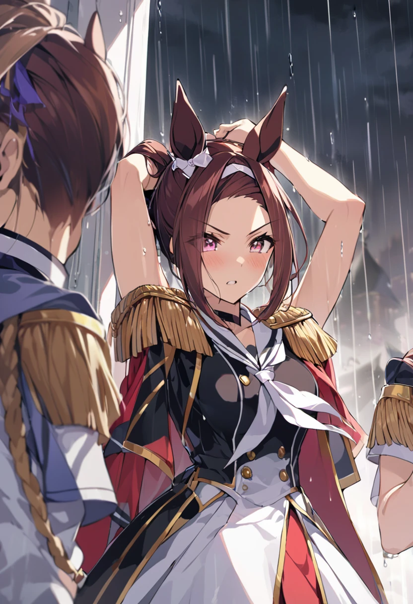 masterpiece, Highest quality,, Sakura Bakushin ○ (umamusume),, (cl○se-up:1.2), rain, cl○ud, cl○udy, shad○w,, seri○us, Raise the hand, Underarm, cl○sed m○uth, m○uth h○ld,, Epaulettes, black gl○ves, No sleeve, yell○w neckerchief, shirt, Tying up hair,