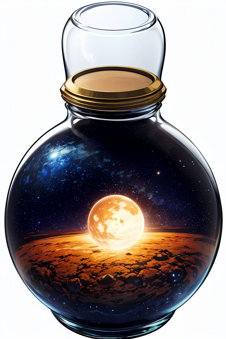 beautiful painting of various planets and galaxies and stars in glass jar, with cork lid,(((white background))).