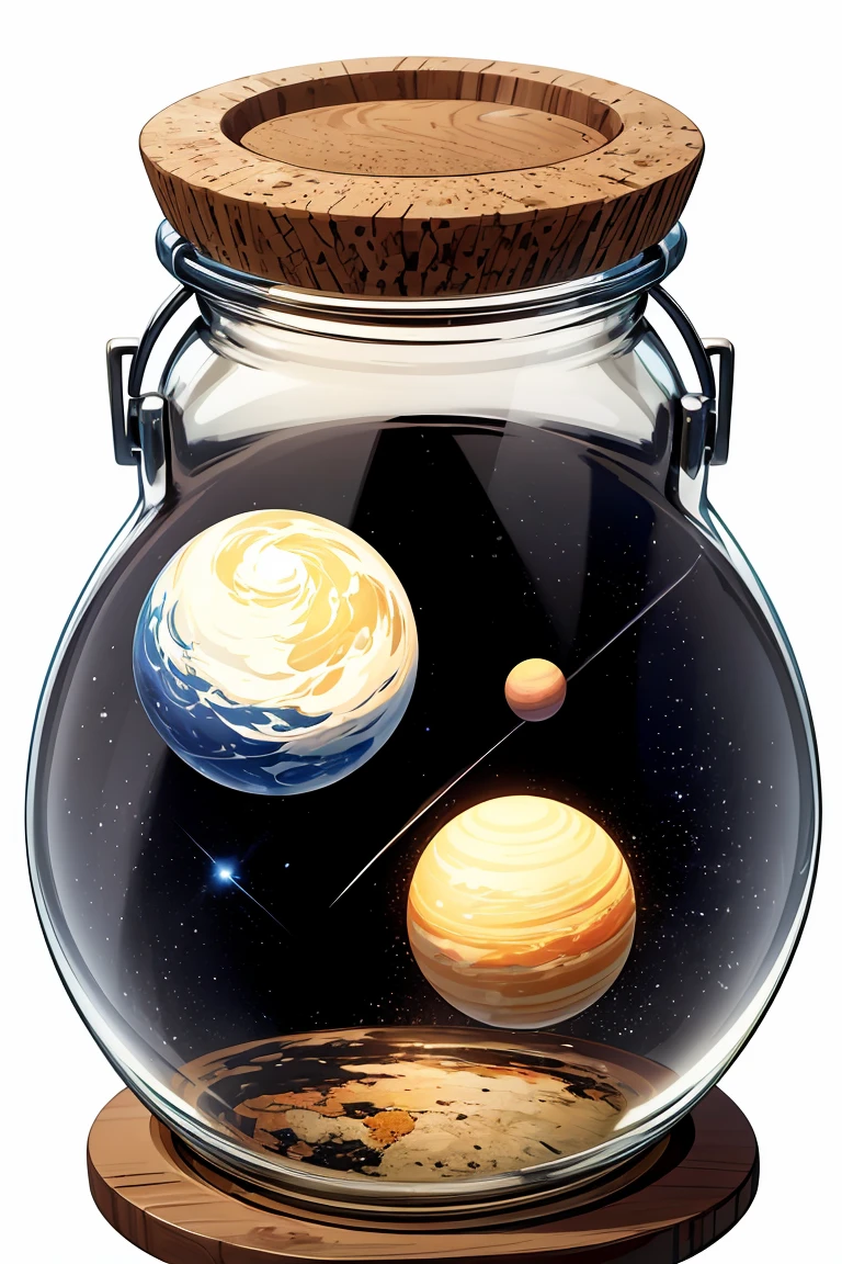 beautiful painting of various planets and galaxies and stars in glass jar, with cork lid,(((white background))).