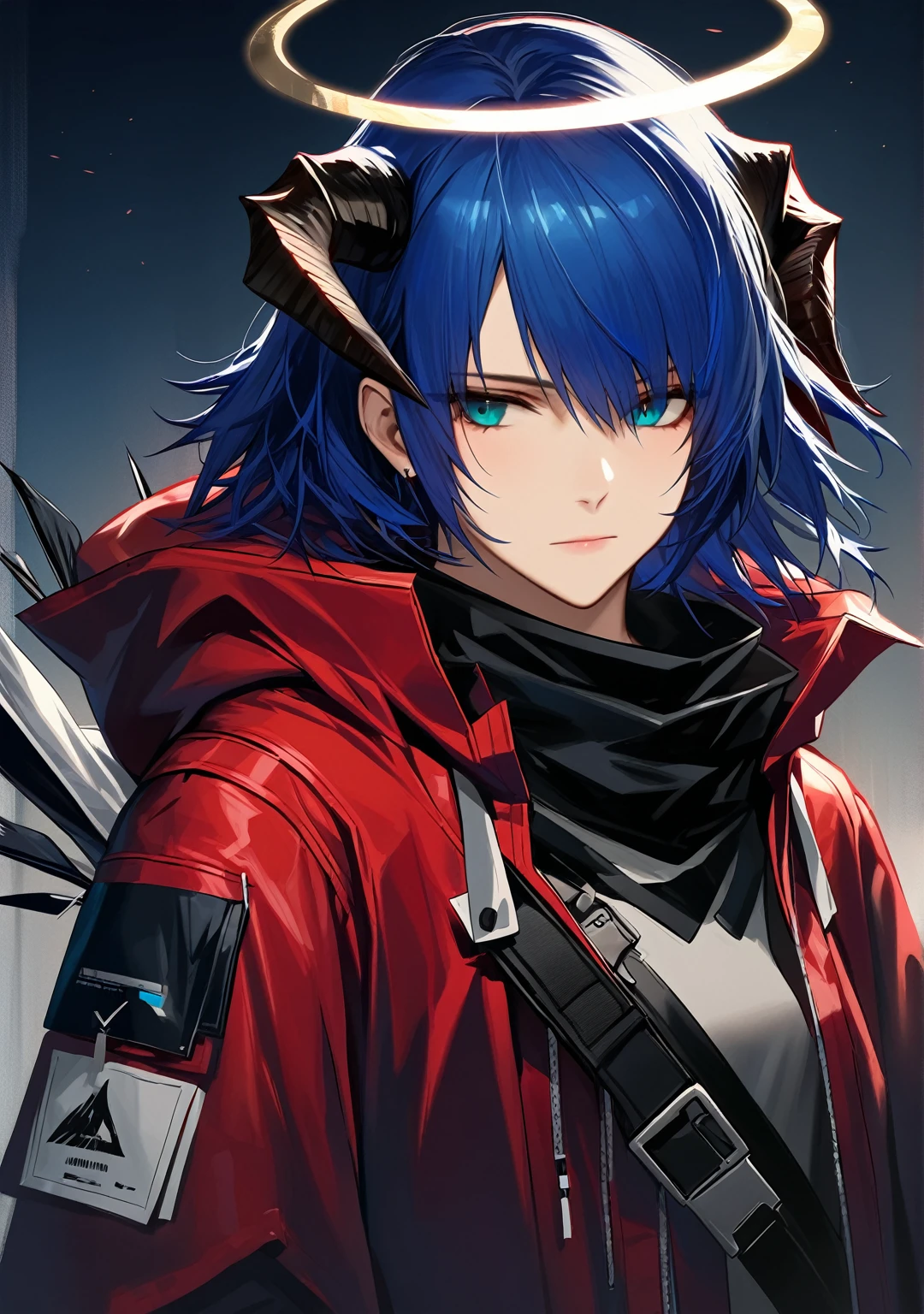 (woman), ((Mostima from arknights)), masterpiece, best quality, blue hair, ((short hair)), horns, plain white shirt, red fullbody coat, red hood, dark blue eyes, realistic anime style, faint smile, ((portrait)), black gloves, carring a bag, halo.