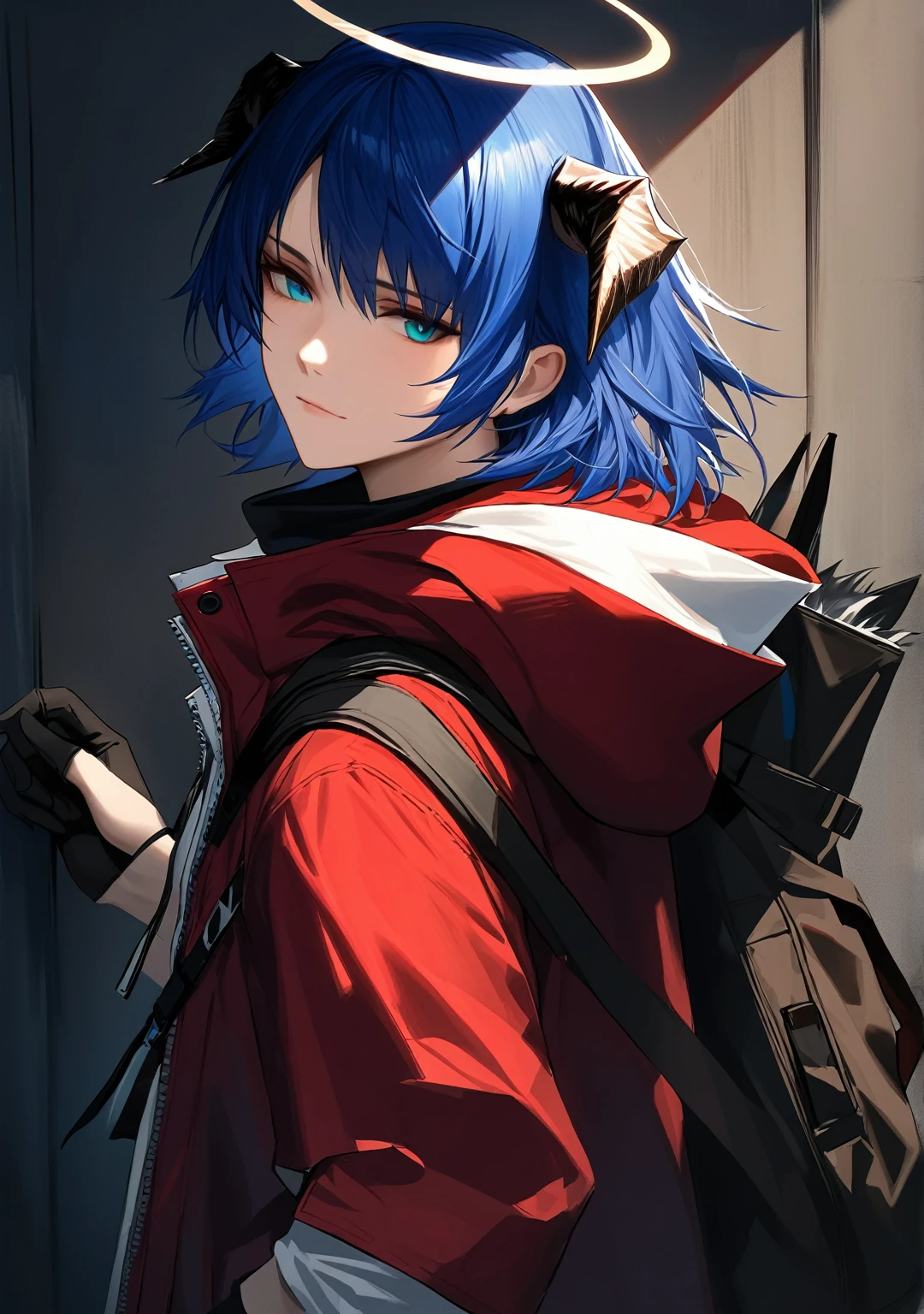 (woman), ((Mostima from arknights)), masterpiece, best quality, blue hair, ((short hair)), horns, plain white shirt, red fullbody coat, red hood, dark blue eyes, realistic anime style, faint smile, ((portrait)), black gloves, carring a bag, halo.