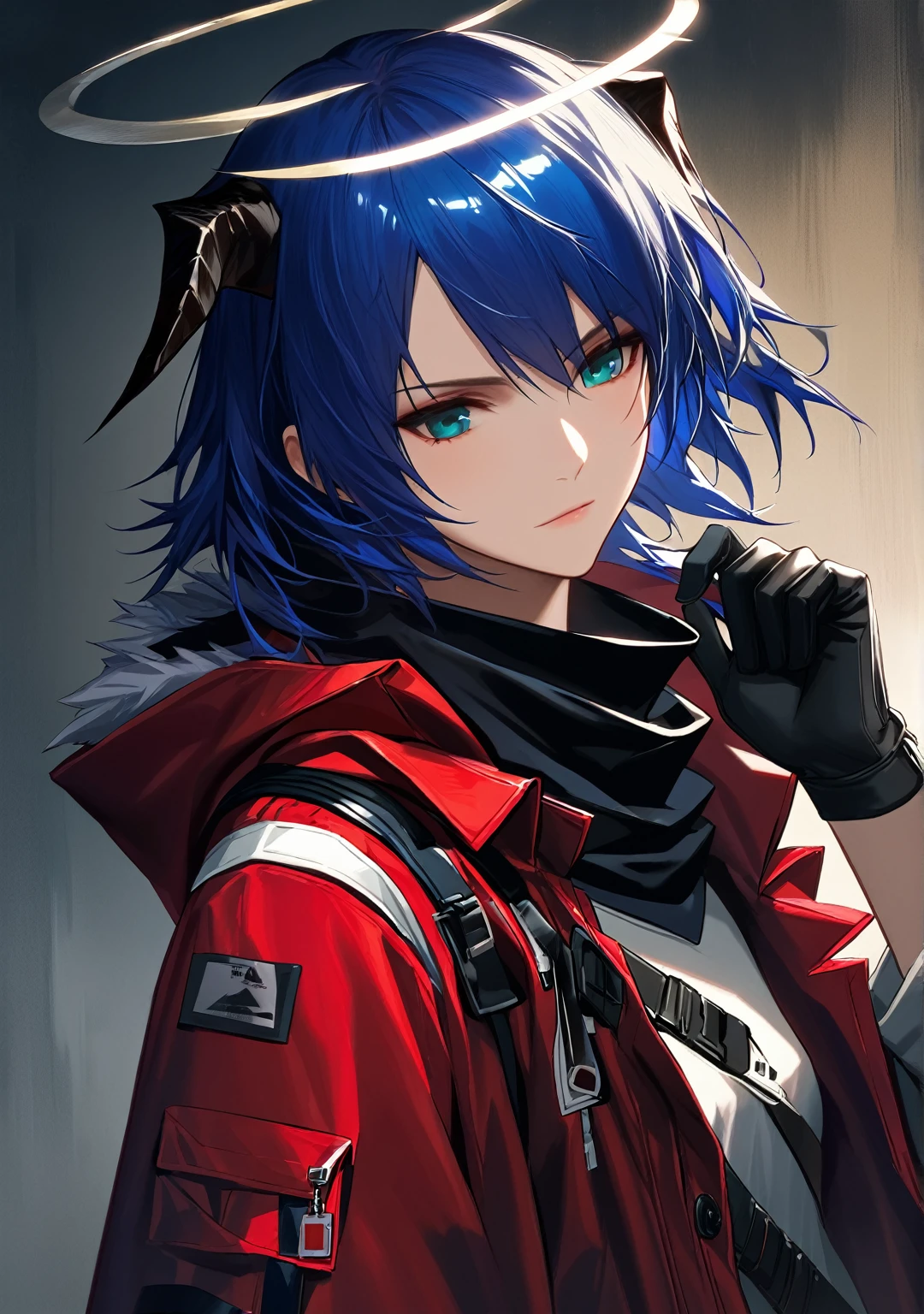 (woman), ((Mostima from arknights)), masterpiece, best quality, blue hair, ((short hair)), horns, plain white shirt, red fullbody coat, red hood, dark blue eyes, realistic anime style, faint smile, ((portrait)), black gloves, carring a bag, halo.